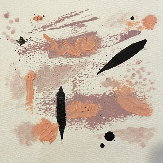 Abstract art of black ink, and soft pink & lavender oil pastels on a white square piece of paper against a dark background